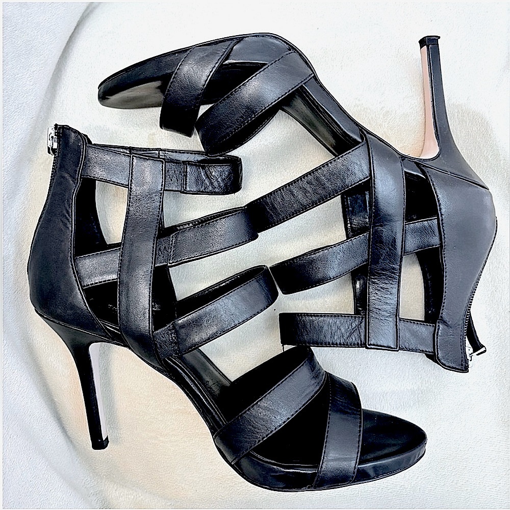 WHBM Alina Black Leather Band Strappy Stiletto Sandals Open Toe Heels Dress Shoe